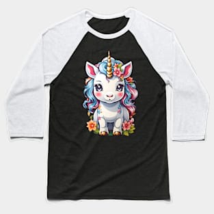 Cute Unicorn with Flowers Baseball T-Shirt